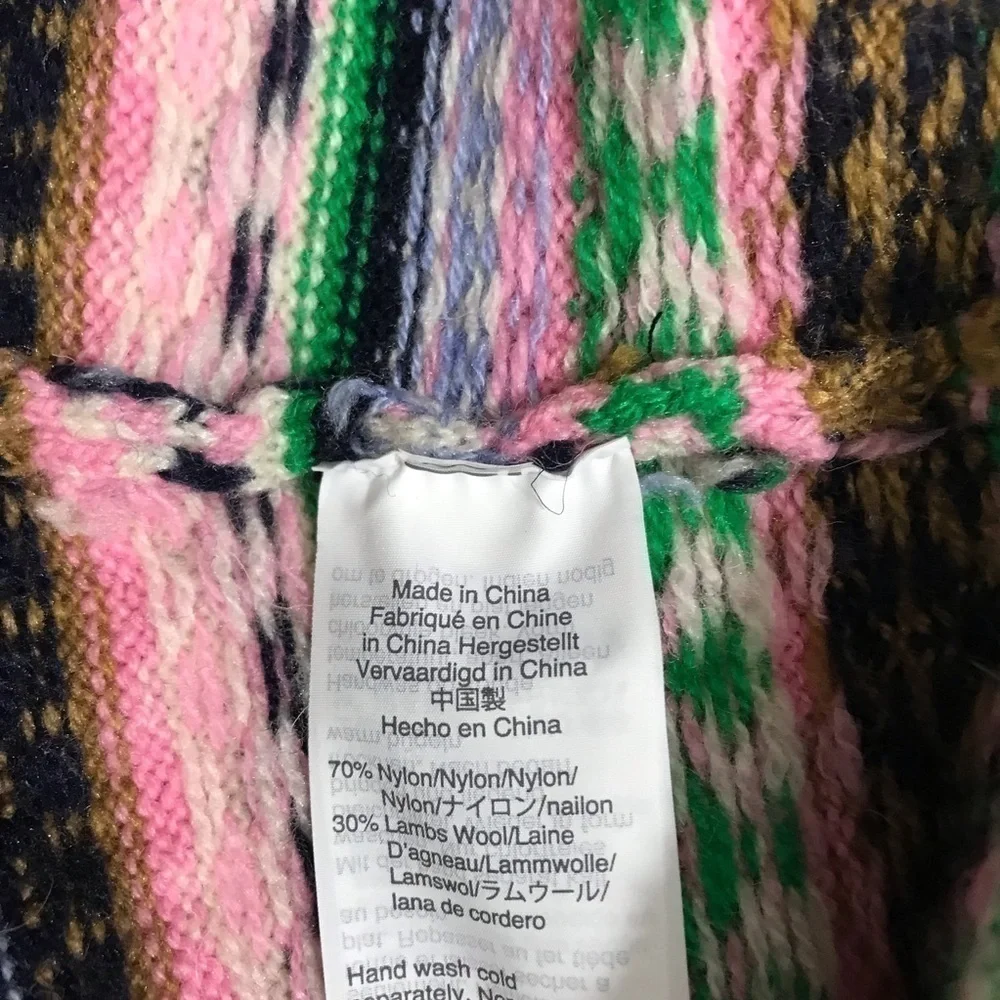 J Crew Mock Neck Fair Isle Green Pink Navy Blue Knit Pullover Sweater Small.